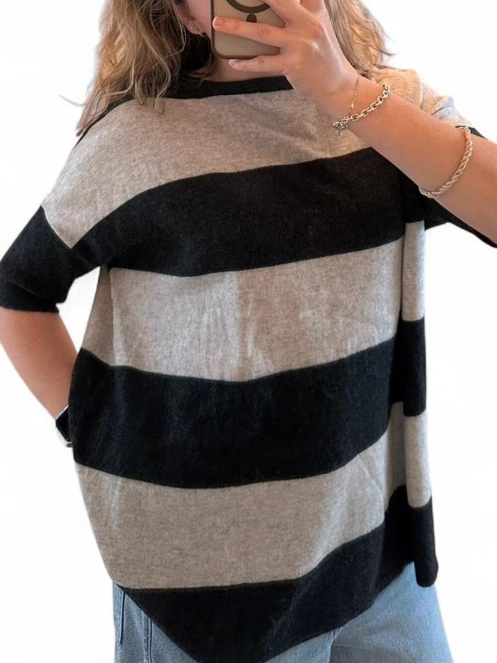 100% CASHMERE Design History Y2K short sleeve grey and black striped sweater top